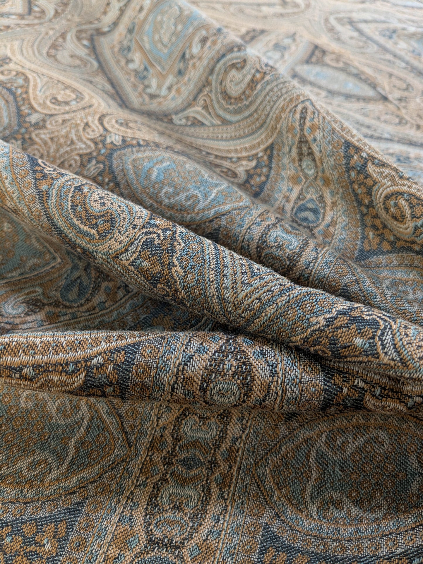 Scalamandre Visconti in Neutral Wool and Cotton Damask Paisley Mineral - Blue Sage Green - By The Yard