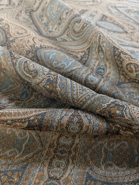 Scalamandre Visconti in Neutral Wool and Cotton Damask Paisley Mineral - Blue Sage Green - By The Yard