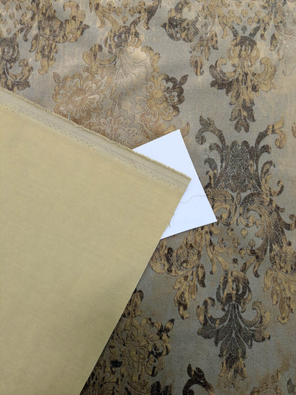 Venice Copper Velvet Rich Brown Beige Printed Renaissance damask Radiance Heavy- By The Yard - Special Order