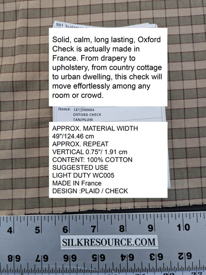 Scalamandre Oxford Check Tan and Plum Cotton Plaid from France - Red Sage Green Light Brown - By The Yard