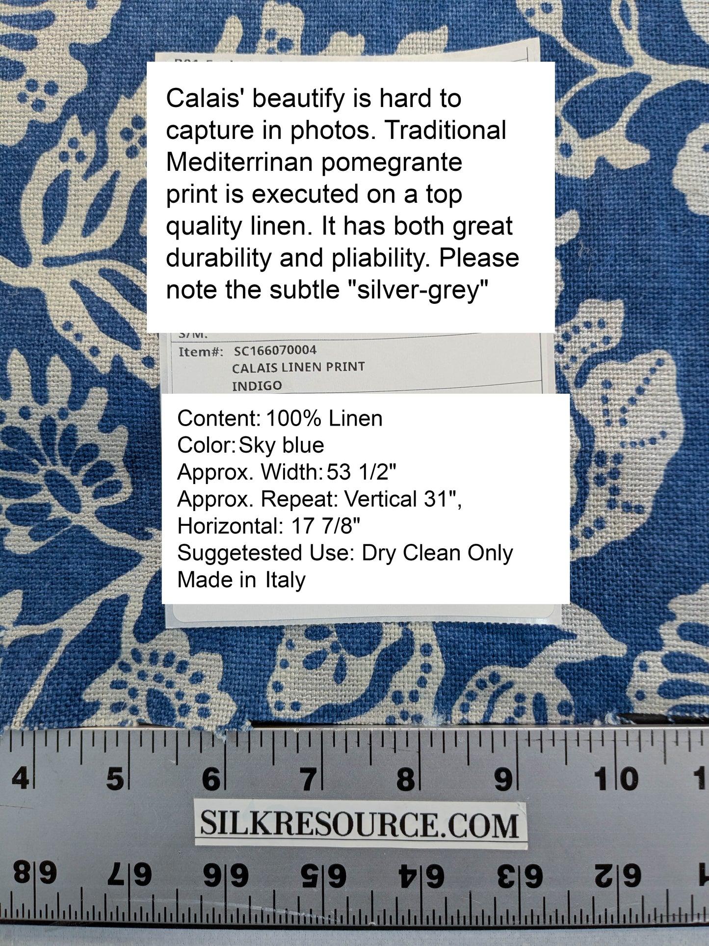 Scalamandre  Calais Linen Print Indigo Blue White Mediterranean Pomegranate Block Print Heavy Linen MSRP USD300+/y - By The Yard