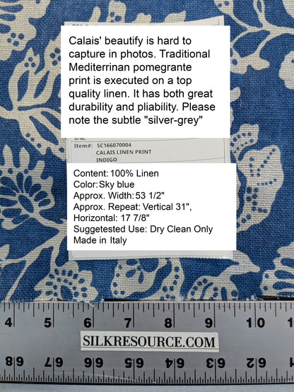 Scalamandre  Calais Linen Print Indigo Blue White Mediterranean Pomegranate Block Print Heavy Linen MSRP USD300+/y - By The Yard