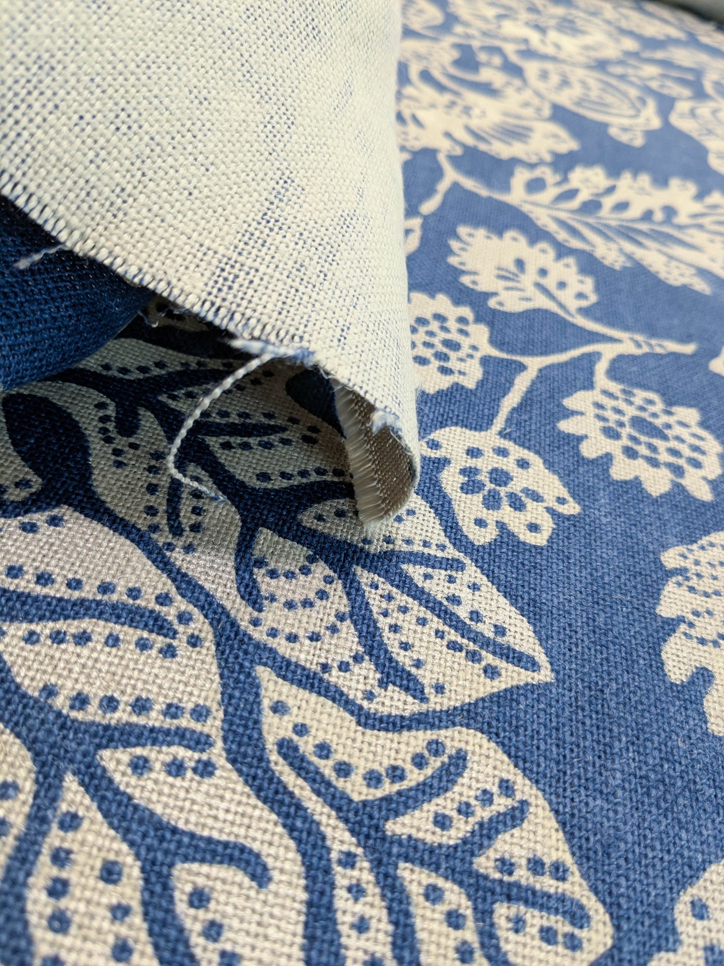 Scalamandre  Calais Linen Print Indigo Blue White Mediterranean Pomegranate Block Print Heavy Linen MSRP USD300+/y - By The Yard