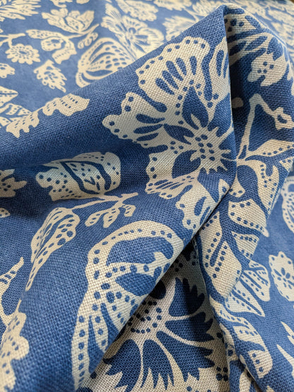Scalamandre  Calais Linen Print Indigo Blue White Mediterranean Pomegranate Block Print Heavy Linen MSRP USD300+/y - By The Yard