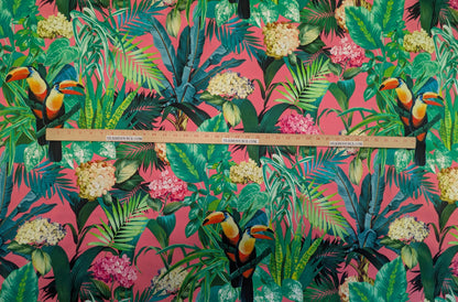 Scalamandre Blooming Paradise Tropical Bird Toucan Palm Banana Cotton Print -Hot Pink - By The Yard