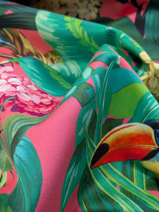 Scalamandre Blooming Paradise Tropical Bird Toucan Palm Banana Cotton Print -Hot Pink - By The Yard