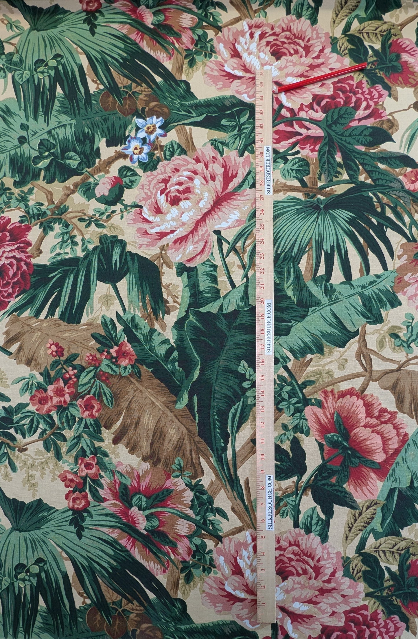 Historical Bella Flora Tropical Floral Chintz Linen Cotton Print Fabric- Pink on  Beige from UK