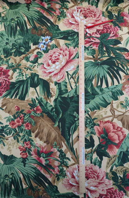 Historical Bella Flora Tropical Floral Chintz Linen Cotton Print Fabric- Pink on  Beige from UK
