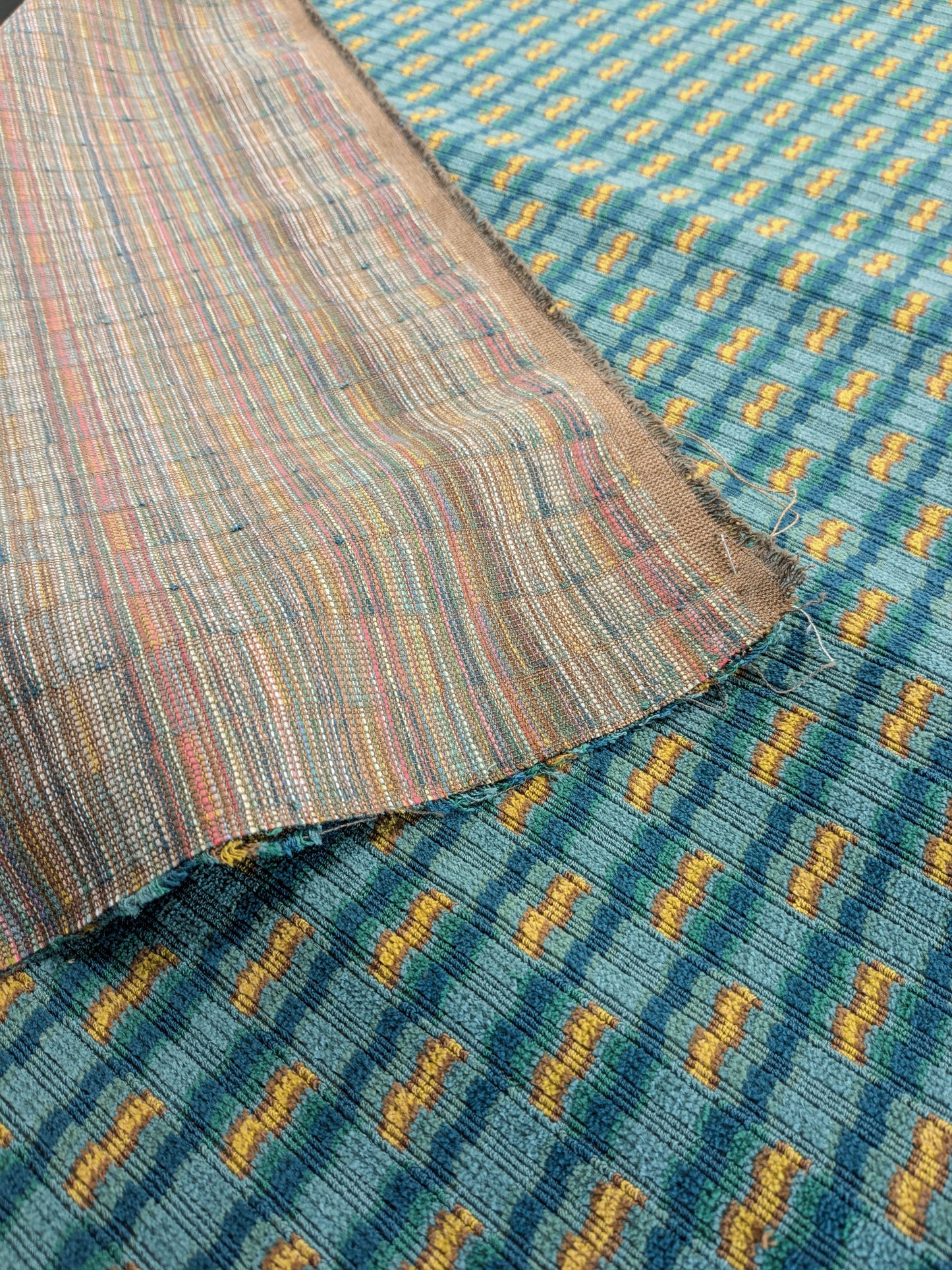 Scalamandre Rambouillet Turquoise Gold Blue Geometric Stripe Texture Cotton - By The Yard