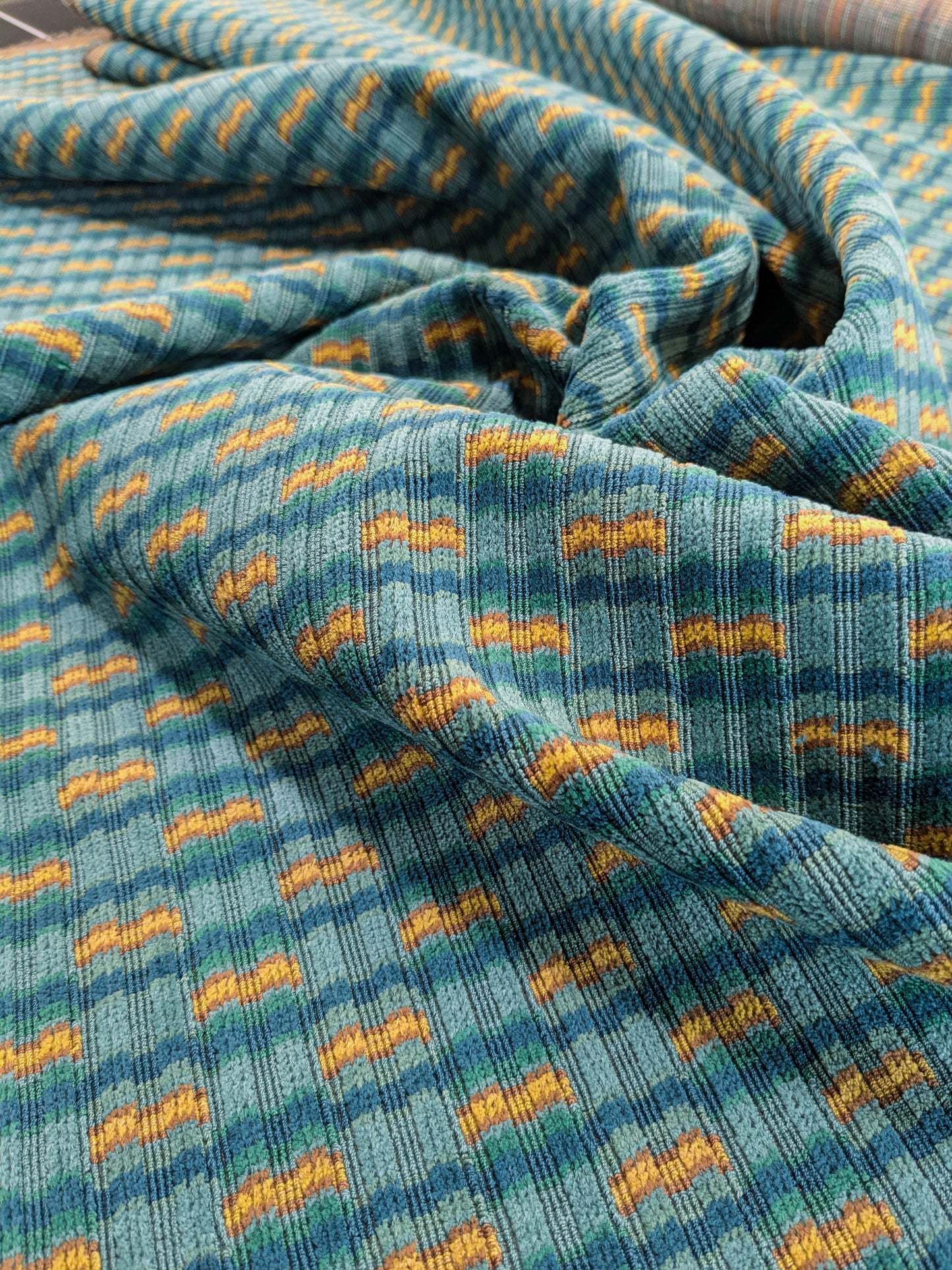 Scalamandre Rambouillet Turquoise Gold Blue Geometric Stripe Texture Cotton - By The Yard