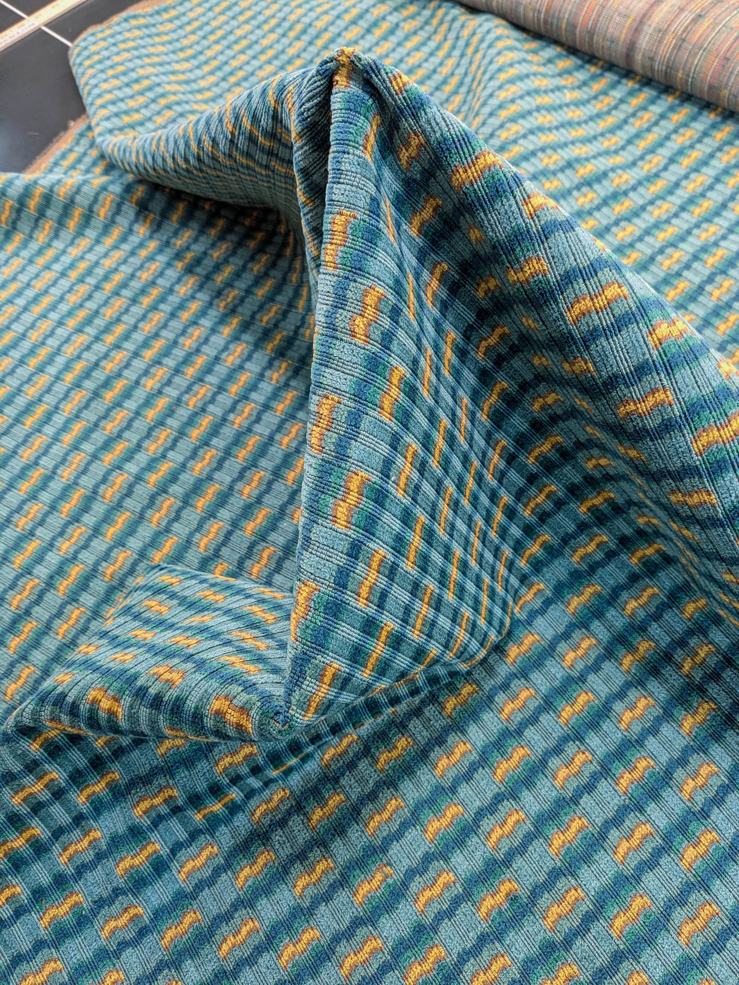 Scalamandre Rambouillet Turquoise Gold Blue Geometric Stripe Texture Cotton - By The Yard
