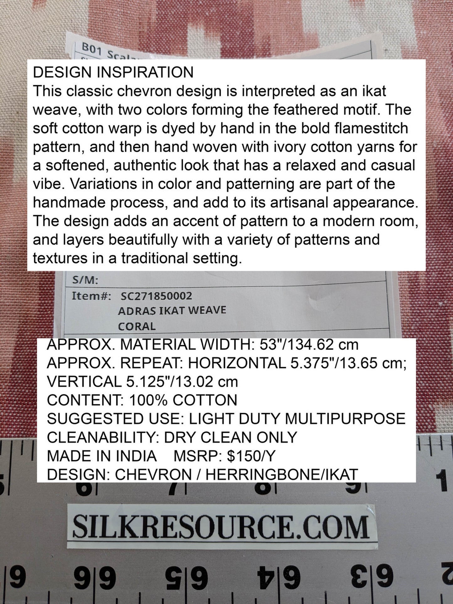 Scalamandre Adras Ikat Weave Coral  Chevron Herringbone Cotton - Pink Red White - By The Yard