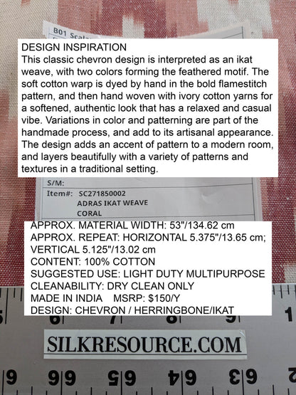 Scalamandre Adras Ikat Weave Coral  Chevron Herringbone Cotton - Pink Red White - By The Yard