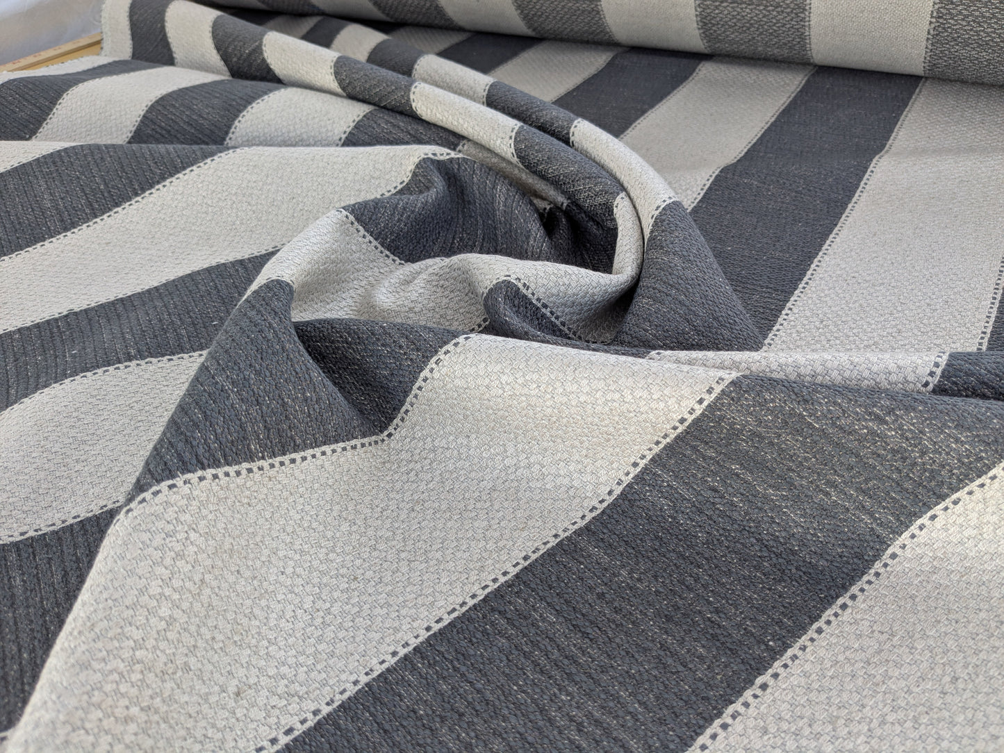 Scalamandre Indy Charcoal Black White Linen Cotton Blend Texture Stripe Sophisticated Heavy Duty - By The Yard