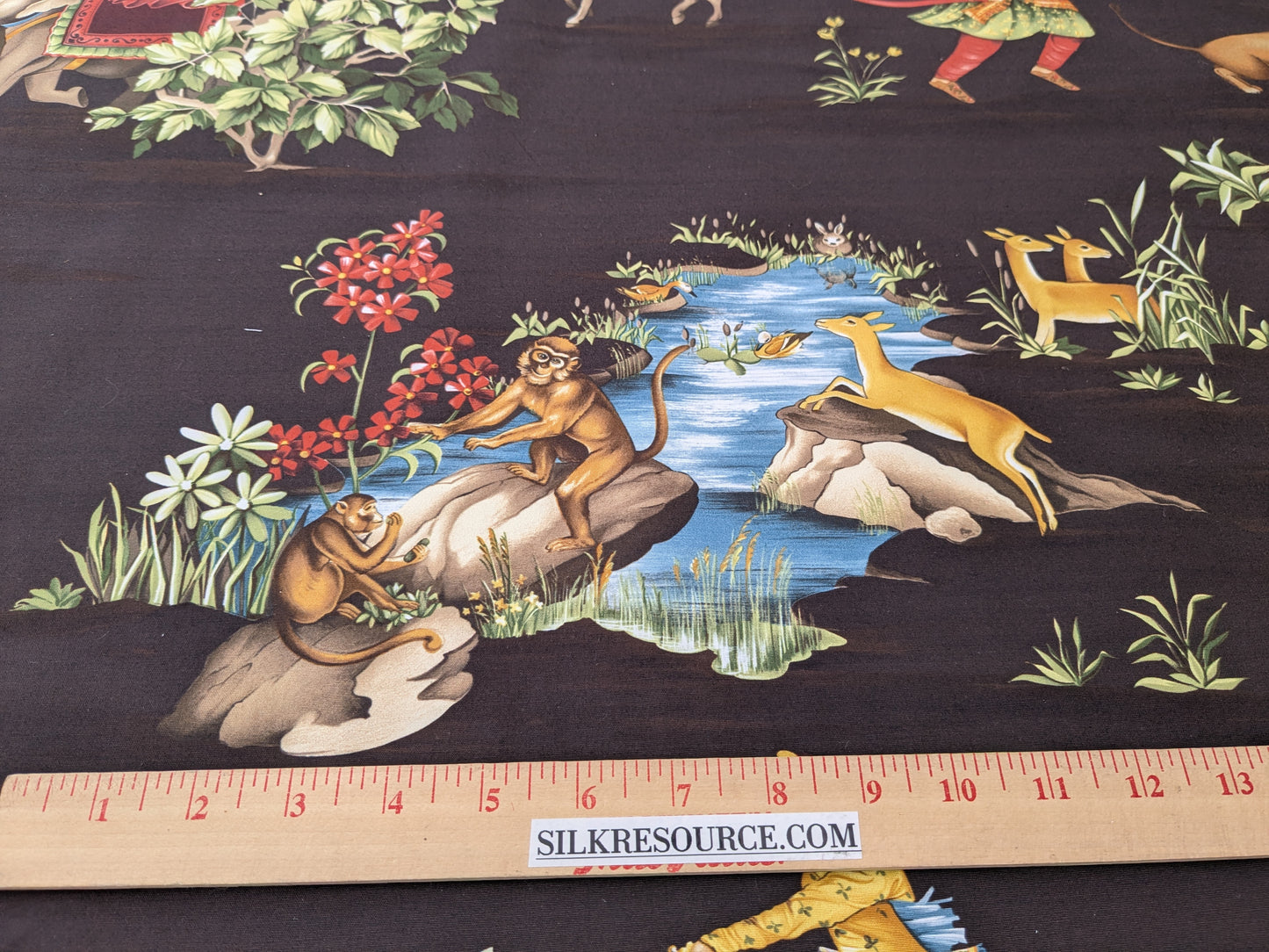 By yard Scalamandre Shah Jahan Chocolate Brown Lion Elephant Monkey Deer Rabbit Print Hunting India  Mughal Emperor MSRP USD 332Y