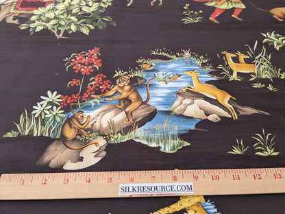 By yard Scalamandre Shah Jahan Chocolate Brown Lion Elephant Monkey Deer Rabbit Print Hunting India  Mughal Emperor MSRP USD 332Y