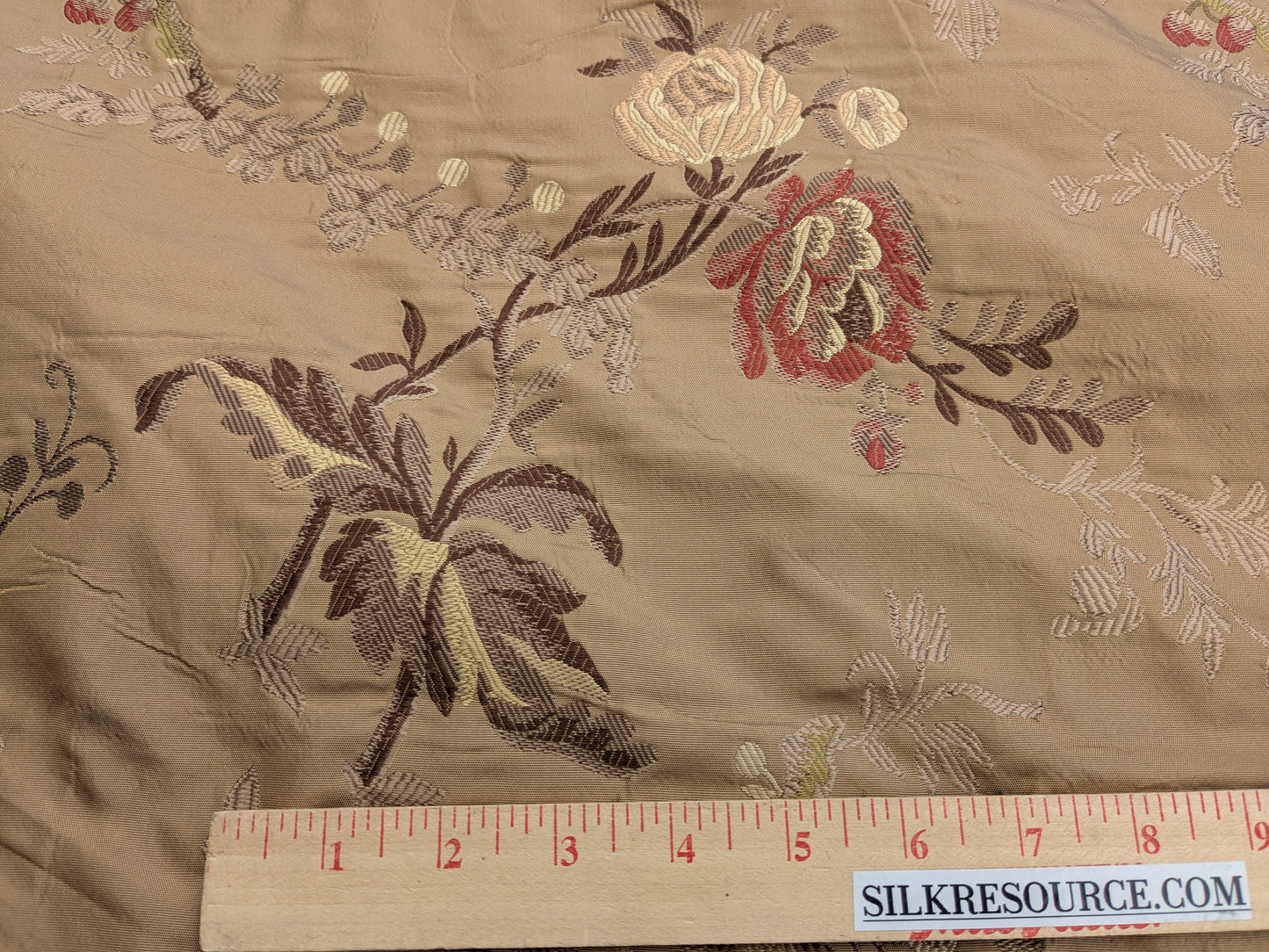 Decor de Paris French Flora Brown Floral Silk Lampas Multi on Cinnamon Red- By The Yard - MSRP $400+