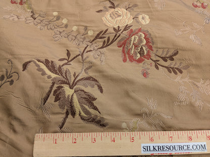 Decor de Paris French Flora Brown Floral Silk Lampas Multi on Cinnamon Red- By The Yard - MSRP $400+