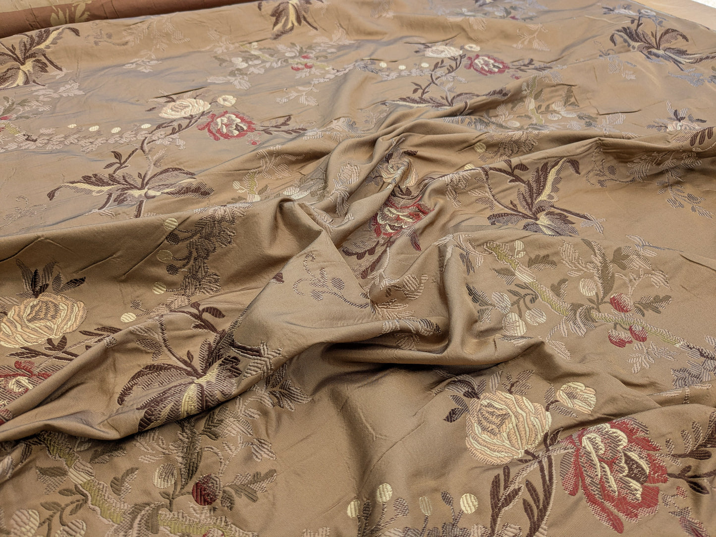 Decor de Paris French Flora Brown Floral Silk Lampas Multi on Cinnamon Red- By The Yard - MSRP $400+