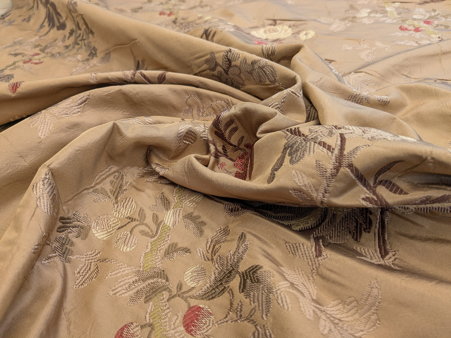 Decor de Paris French Flora Brown Floral Silk Lampas Multi on Cinnamon Red- By The Yard - MSRP $400+