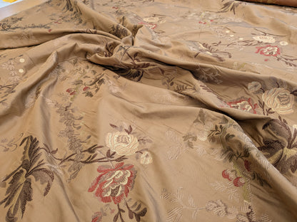 Decor de Paris French Flora Brown Floral Silk Lampas Multi on Cinnamon Red- By The Yard - MSRP $400+