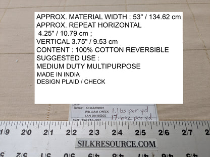 Scalamandre William Check Tan on Beige Cotton Reversible Plaid Check - by the yard