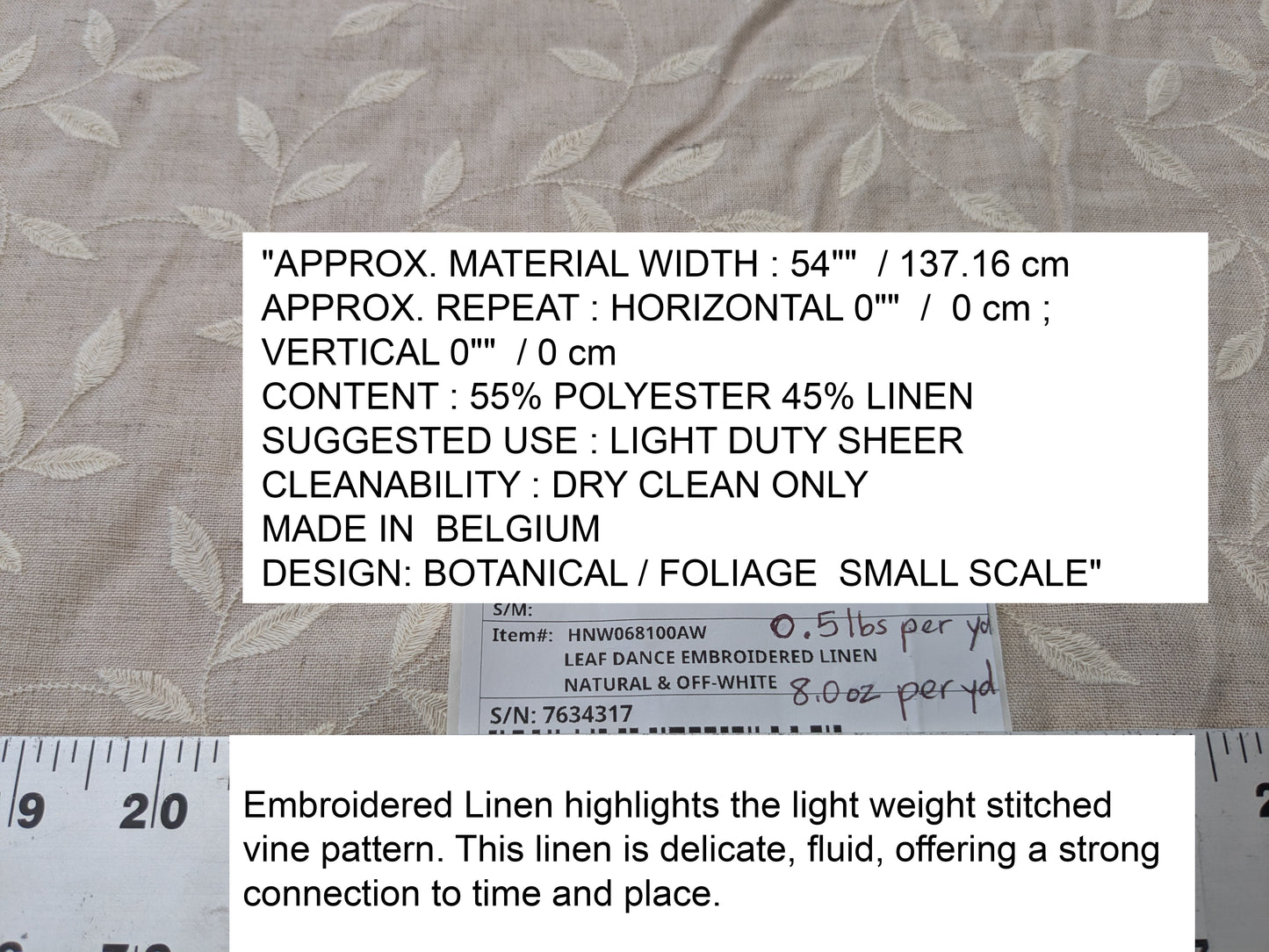 Scalamandre Leaf Dance Embroidered Linen Natural & Off-White Leaf Botanical - By the yard