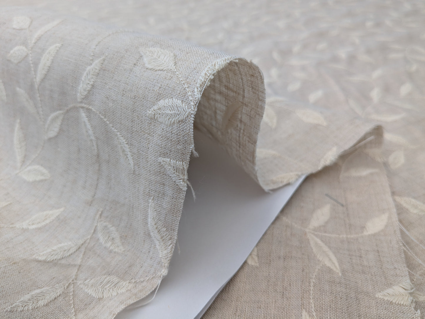 Scalamandre Leaf Dance Embroidered Linen Natural & Off-White Leaf Botanical - By the yard