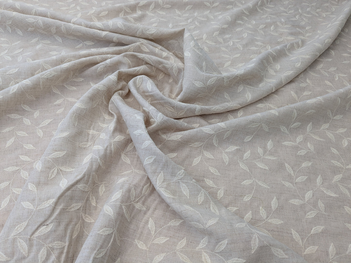 Scalamandre Leaf Dance Embroidered Linen Natural & Off-White Leaf Botanical - By the yard