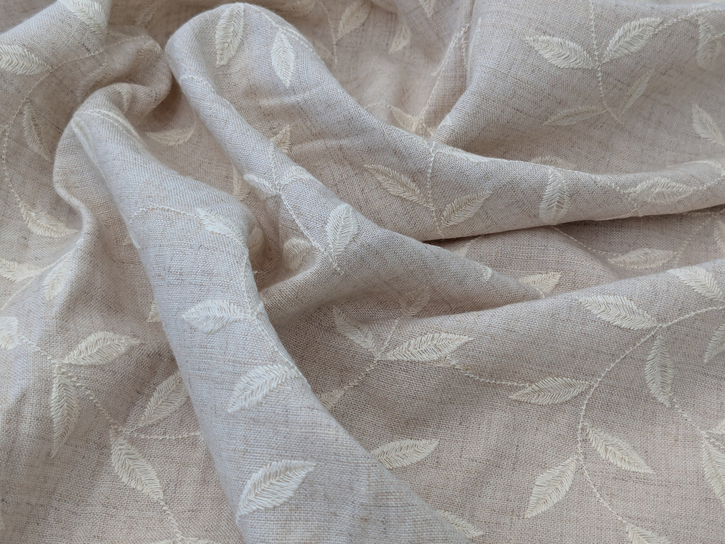 Scalamandre Leaf Dance Embroidered Linen Natural & Off-White Leaf Botanical - By the yard