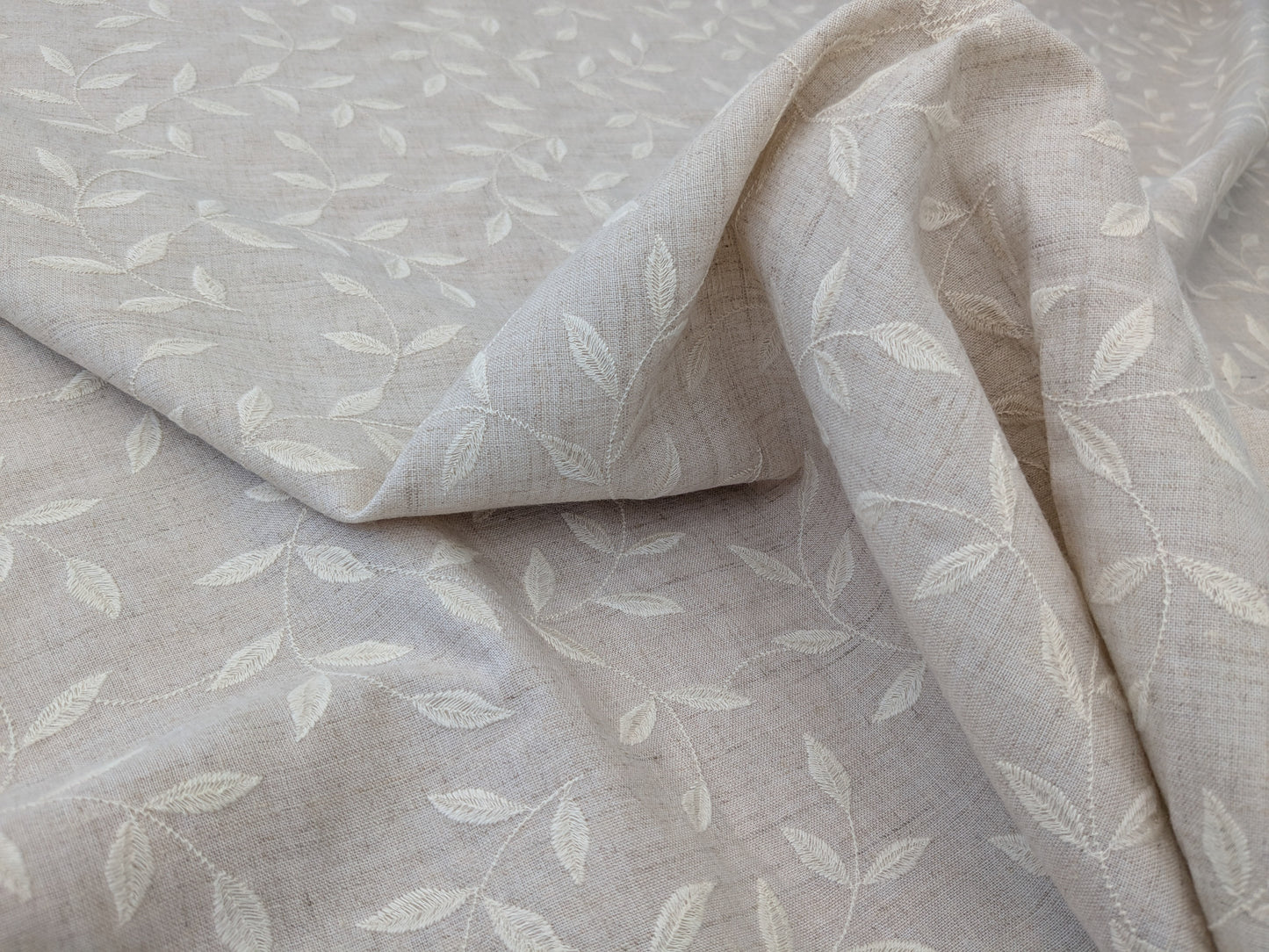 Scalamandre Leaf Dance Embroidered Linen Natural & Off-White Leaf Botanical - By the yard