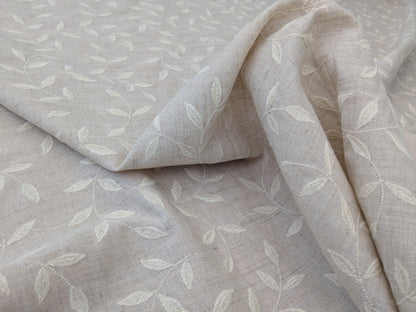 Scalamandre Leaf Dance Embroidered Linen Natural & Off-White Leaf Botanical - By the yard