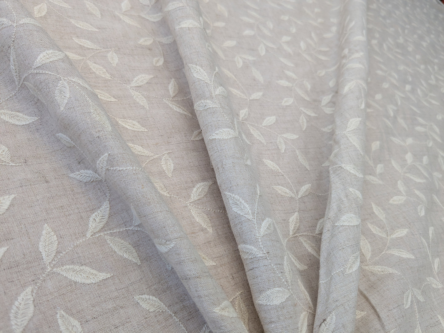 Scalamandre Leaf Dance Embroidered Linen Natural & Off-White Leaf Botanical - By the yard