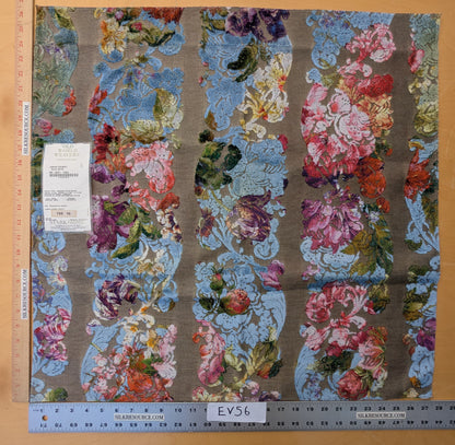 55 EV56 Square 26" x 27" Scalamandre Old World Weavers Jardin Colbert Blue Satin Velvet Floral Stripe Multi on Brown