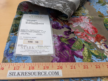55 EV56 Square 26" x 27" Scalamandre Old World Weavers Jardin Colbert Blue Satin Velvet Floral Stripe Multi on Brown