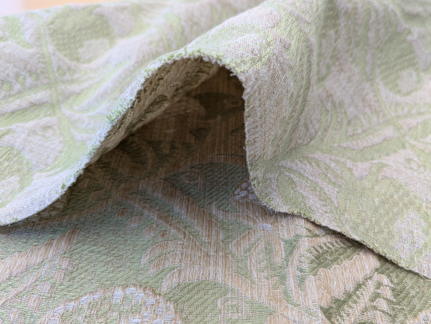 57 EV56 Square 26"x26"  Scalamandre Boutonniere Leaf Green Renaissance Small Scale Berry Pomegranate Jacquard Cotton Linen MSRP USD 402/y