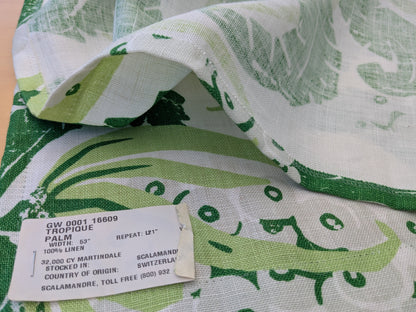 65 EV56 Scalamandre Grey Watkins 1.2 yards Tropique Palm Green White Tropical Botanical 100% Linen MSRP USD 558/y