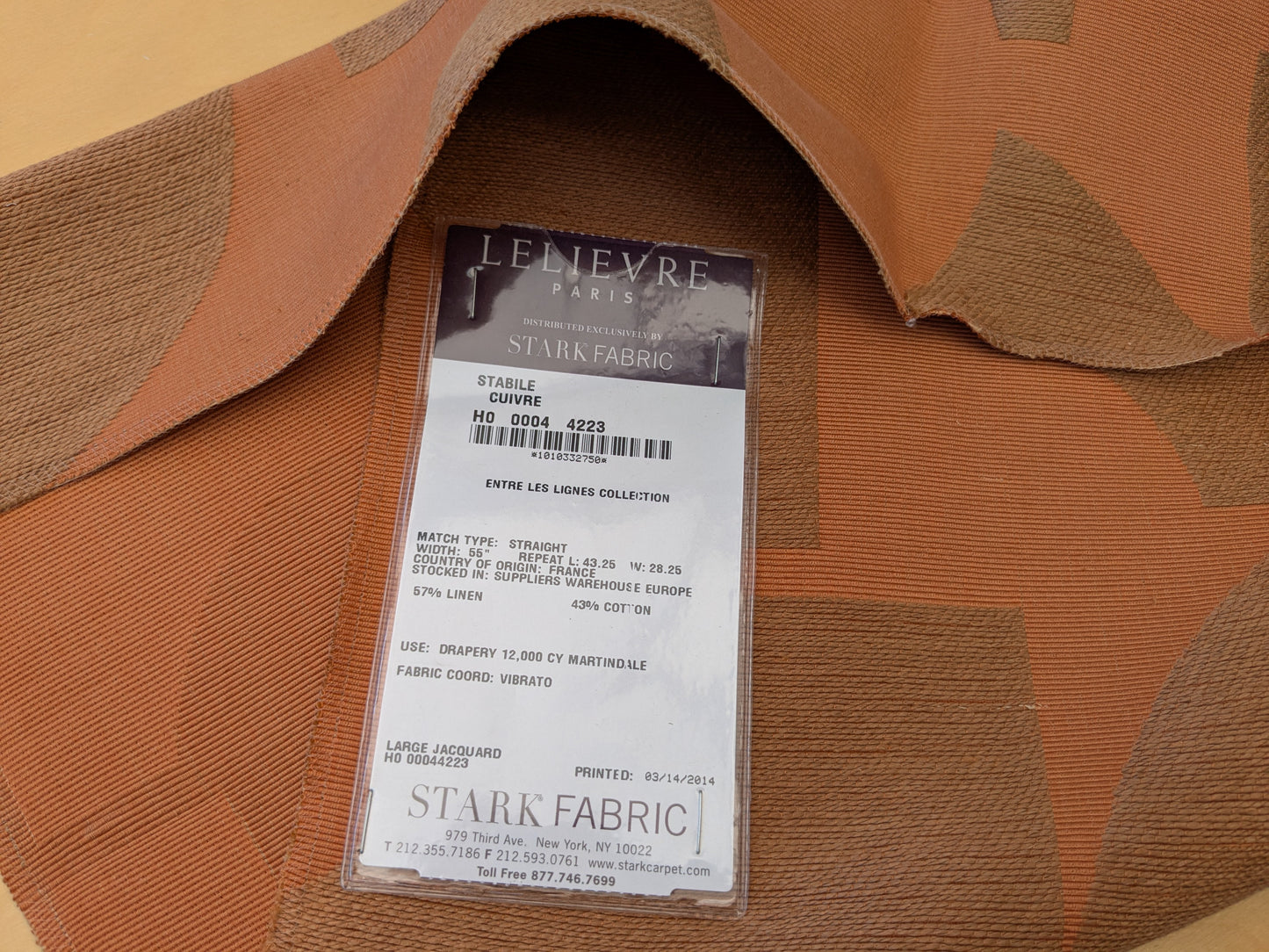 25"x 27" Scalamandre Lelievre Stabile Cuivre Orange  Geometric Large Jacquard Linen Cotton -84 EV56