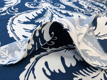2.4 yards Scalamandre Primavera Linen Print Navy Blue White Cotton Damask Floral - MSRP USD 602/y