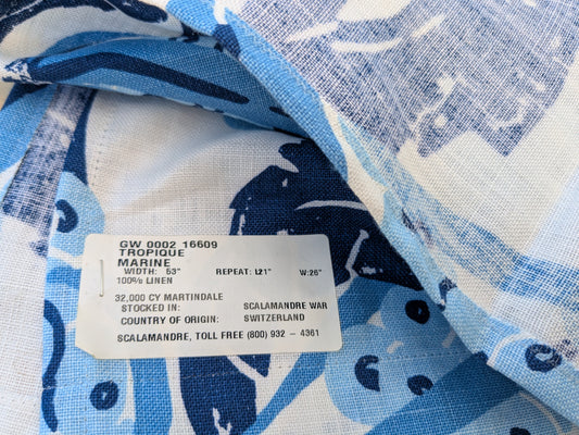 2.4 yards Scalamandre Grey Watkins  Tropique Marine Blue  White Tropical Botanical 100% Linen MSRP USD 558/y