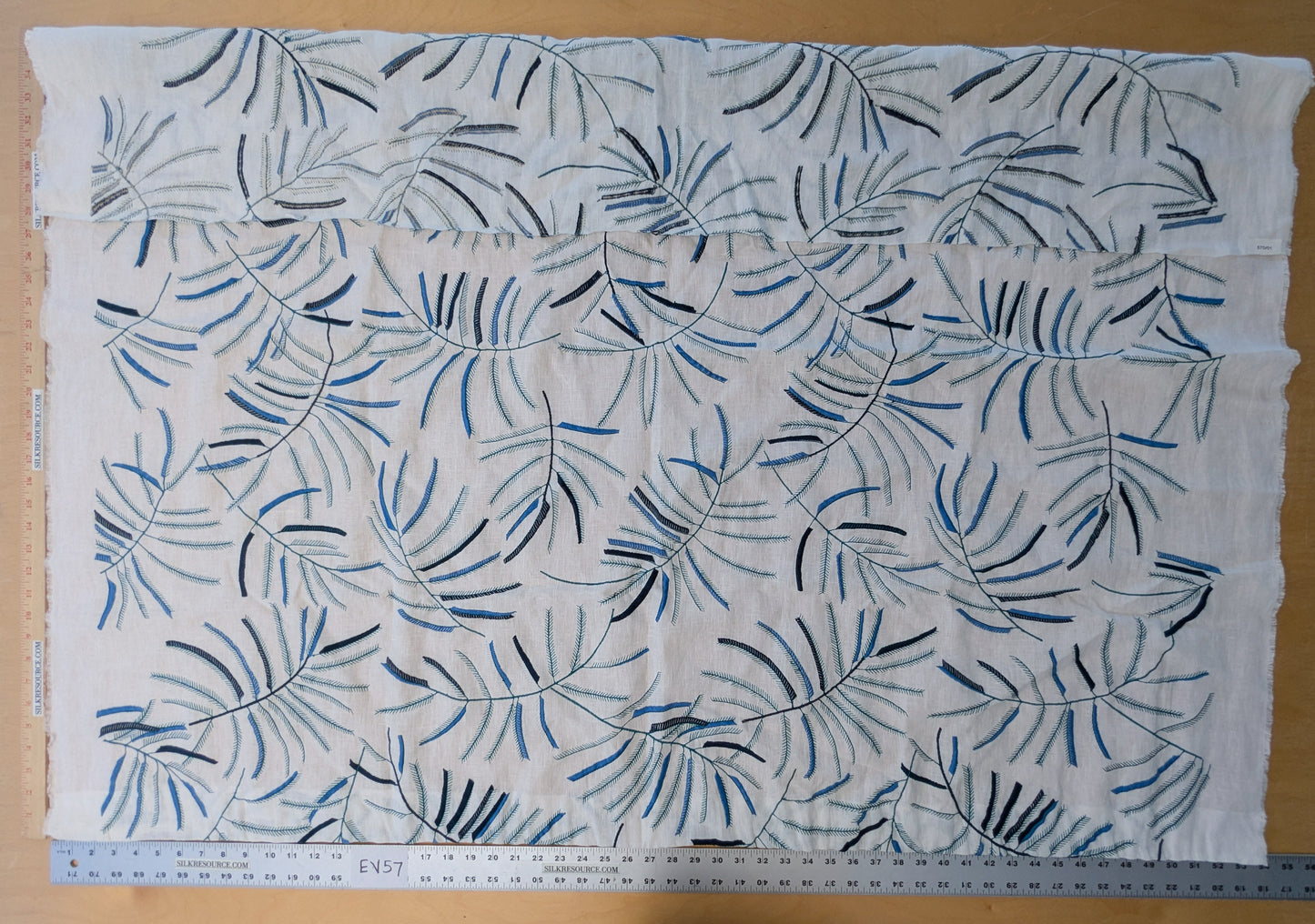 1.2 yards Scalamandre Lelievre Mimosa Santorin Blue Black on White Embroidered Fern Foliage Linen