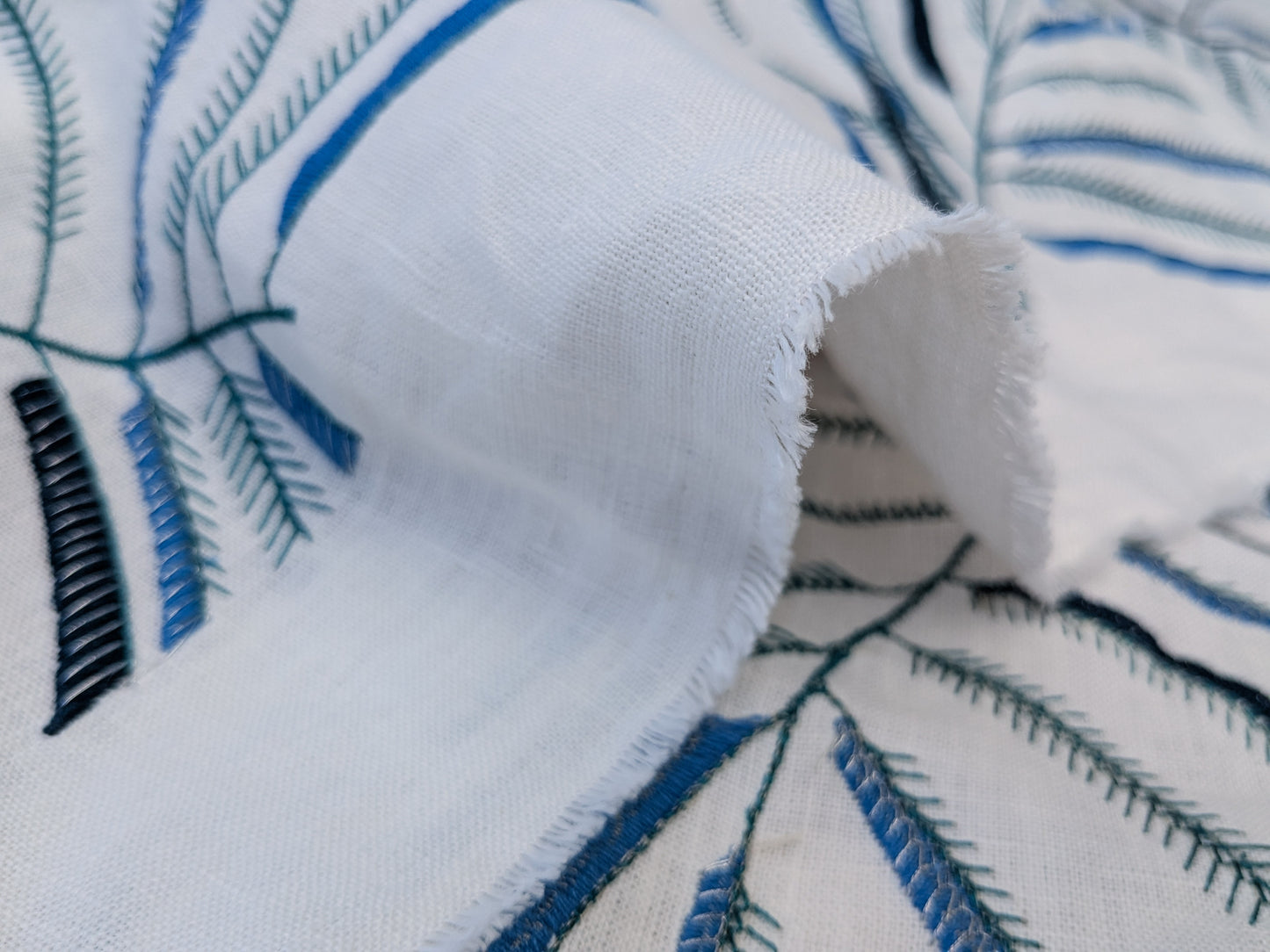 1.2 yards Scalamandre Lelievre Mimosa Santorin Blue Black on White Embroidered Fern Foliage Linen