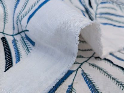 1.2 yards Scalamandre Lelievre Mimosa Santorin Blue Black on White Embroidered Fern Foliage Linen