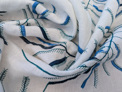1.2 yards Scalamandre Lelievre Mimosa Santorin Blue Black on White Embroidered Fern Foliage Linen