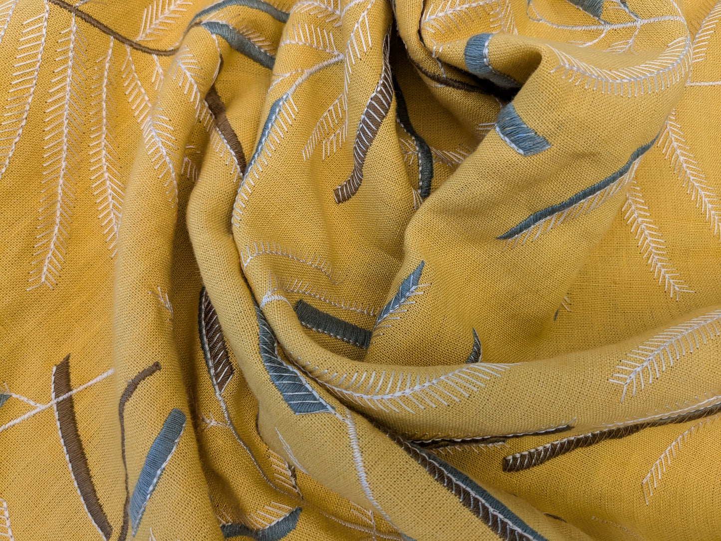 1.2 yards - Scalamandre Lelievre Mimosa Blue White on Yellow Embroidered Fern Foliage Linen