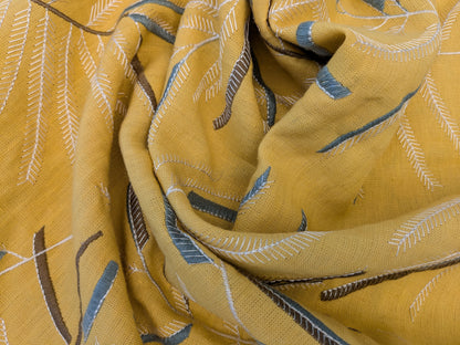 1.2 yards - Scalamandre Lelievre Mimosa Blue White on Yellow Embroidered Fern Foliage Linen