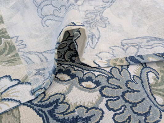 2.4 yards Scalamandre Canterbury Linen Print Sky Blue Beige White Jacobean Tree of Life MSRP USD504/y