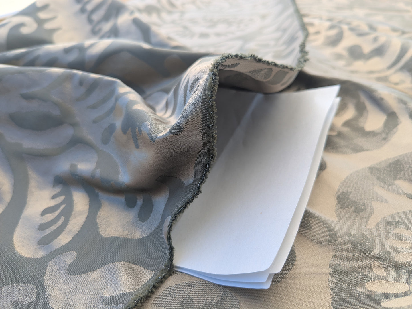 Hiend Abstract "Papercut" Silk Swirl Fleur De Lys Pomegranate in Olivette Grey Silver Pomegranite - By yard