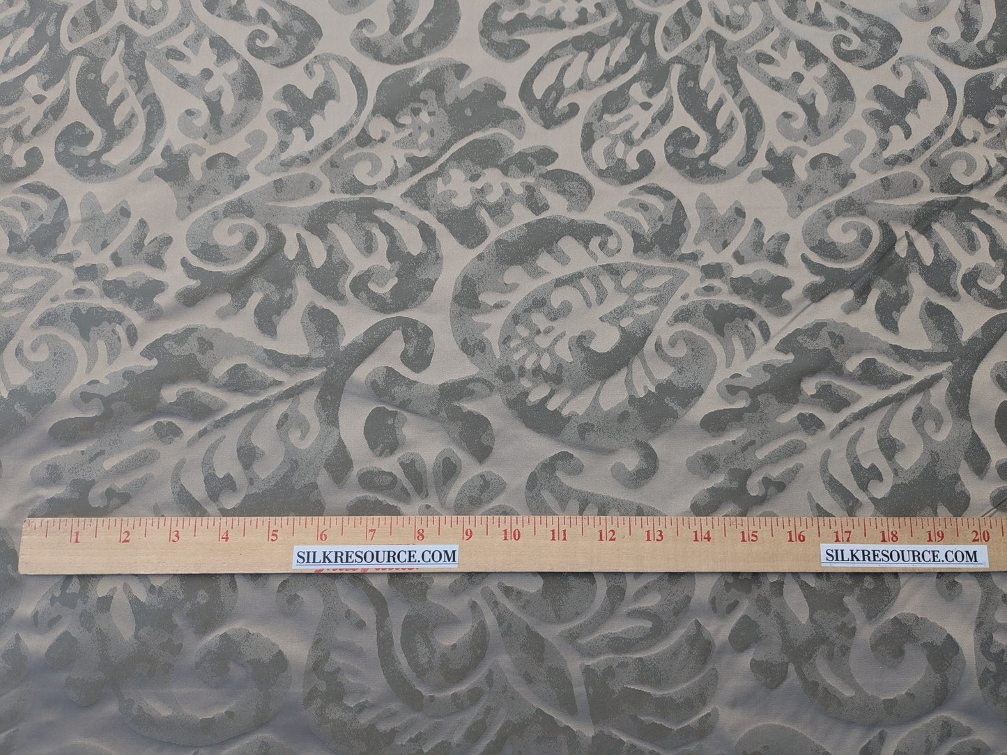 Hiend Abstract "Papercut" Silk Swirl Fleur De Lys Pomegranate in Olivette Grey Silver Pomegranite - By yard