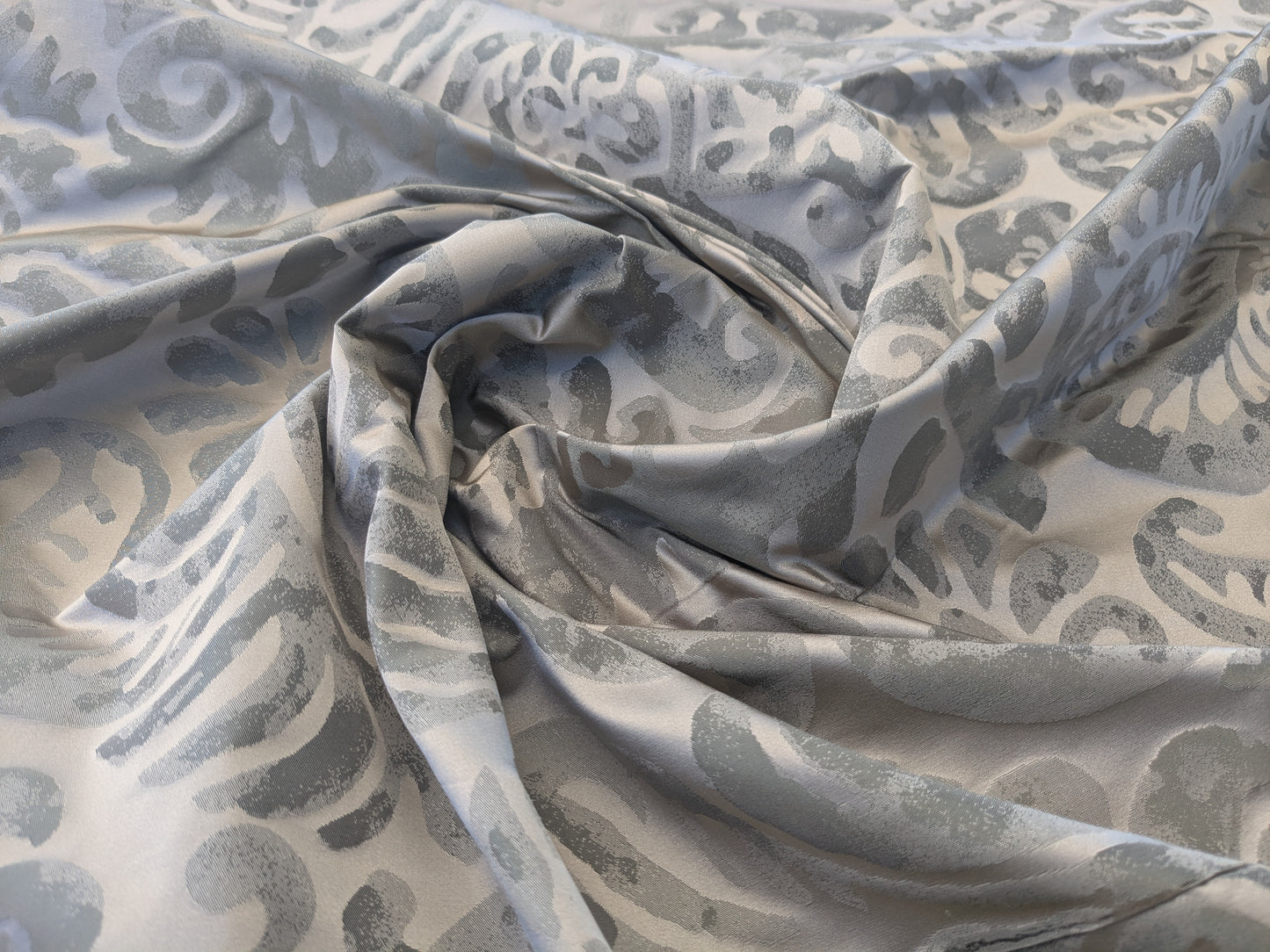 Hiend Abstract "Papercut" Silk Swirl Fleur De Lys Pomegranate in Olivette Grey Silver Pomegranite - By yard